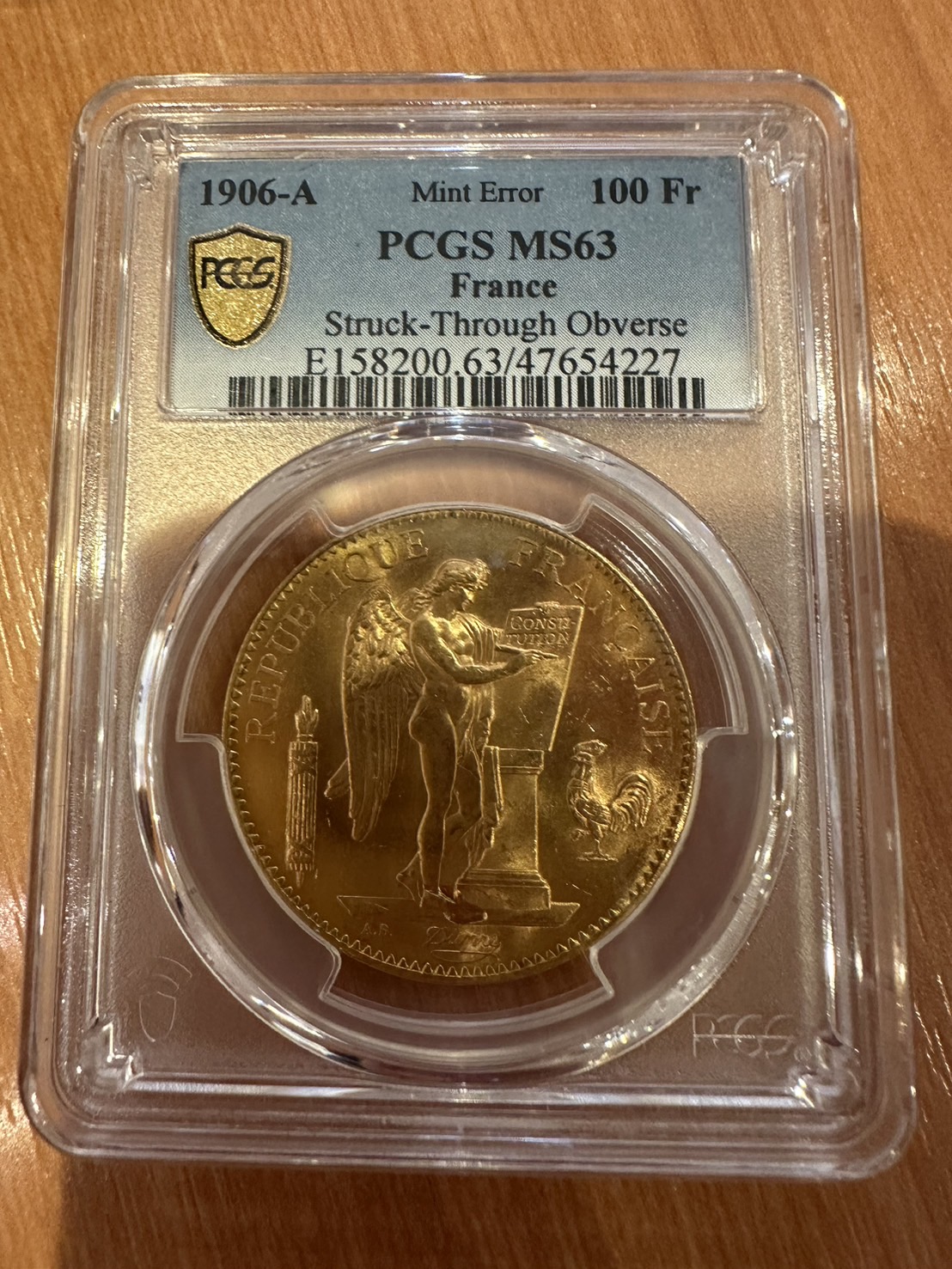 ミントエラー】1906年 フランス 100フラン金貨 Mint Error MS63 PCGS 